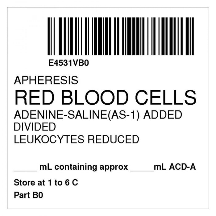 Label, Isbt 128, Synthetic, Permanent, "Apheresis Red Blood Cells", 2 X 2, White, 500 Per Roll