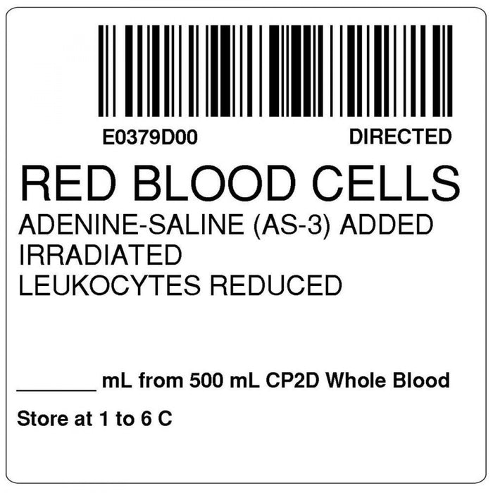 Label, Isbt 128, Synthetic, Permanent, "Red Blood Cells Adenine", 2 X 2, White, 500 Per Roll