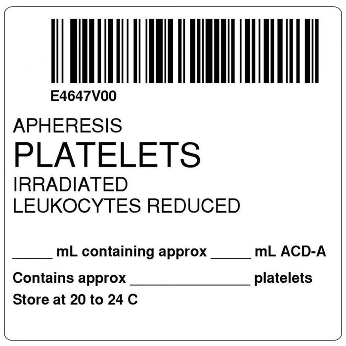 Label, Isbt 128, Synthetic, Permanent, "Apheresis Platelets Irr", 2 X 2, White, 500 Per Roll