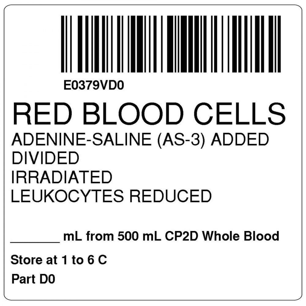 Label, Isbt 128, Synthetic, Permanent, "Red Blood Cells Adenine", 2 X 2, White, 500 Per Roll