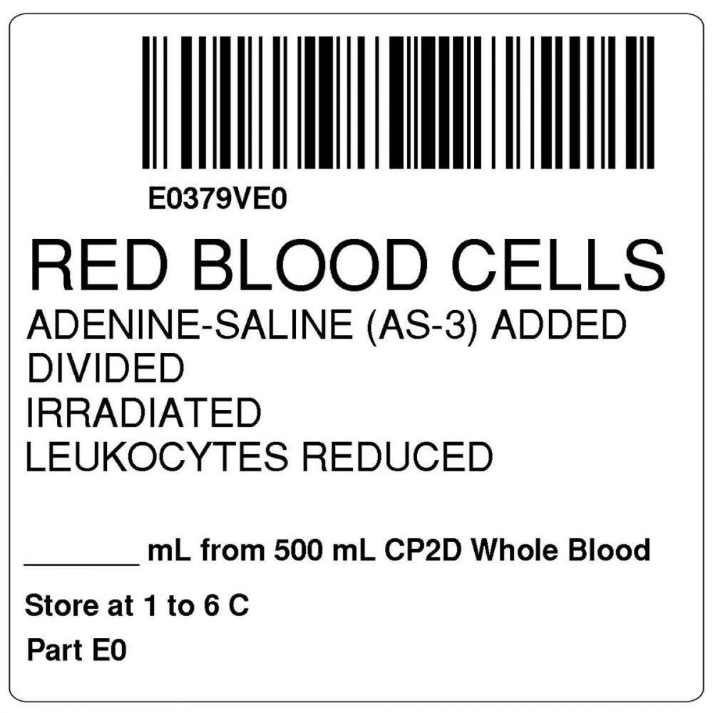 Label, Isbt 128, Synthetic, Permanent, "Red Blood Cells Adenine", 2 X 2, White, 500 Per Roll