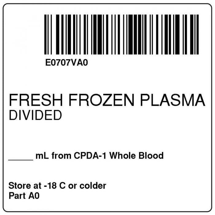 Label, Isbt 128, Synthetic, Permanent, "Fresh Frozen Plasma", 2 X 2, White, 500 Per Roll