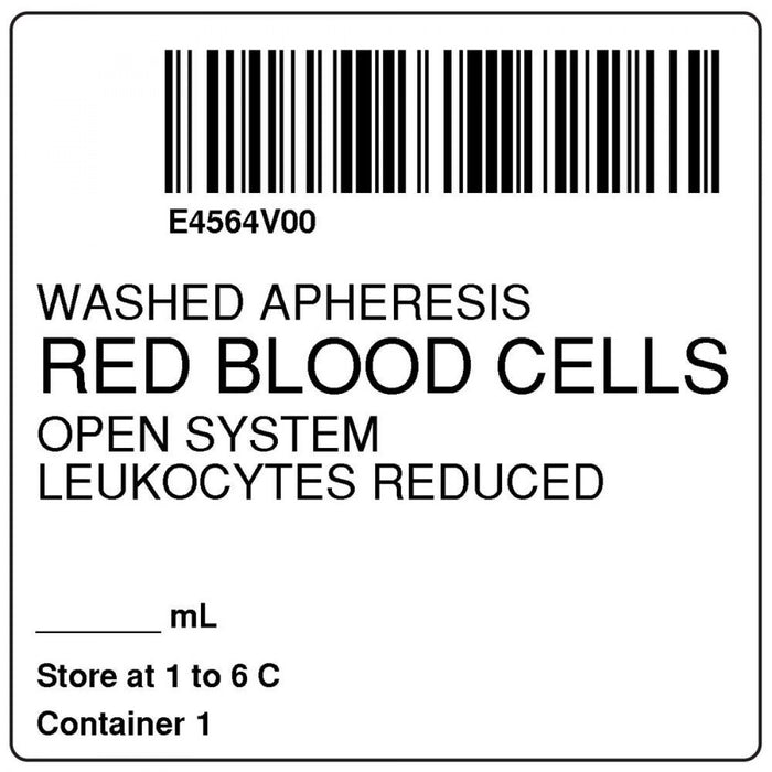 Label, Isbt 128, Synthetic, Permanent, "Washed Apheresis Red", 2 X 2, White, 500 Per Roll