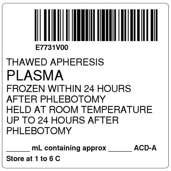 Label, Isbt 128, Synthetic, Permanent, "Thawed Apheresis Plasma", 2 X 2, White, 500 Per Roll