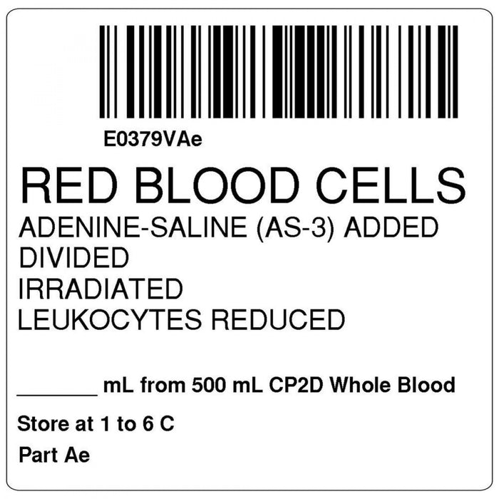 Label, Isbt 128, Synthetic, Permanent, "Red Blood Cells Adenine", 2 X 2, White, 500 Per Roll