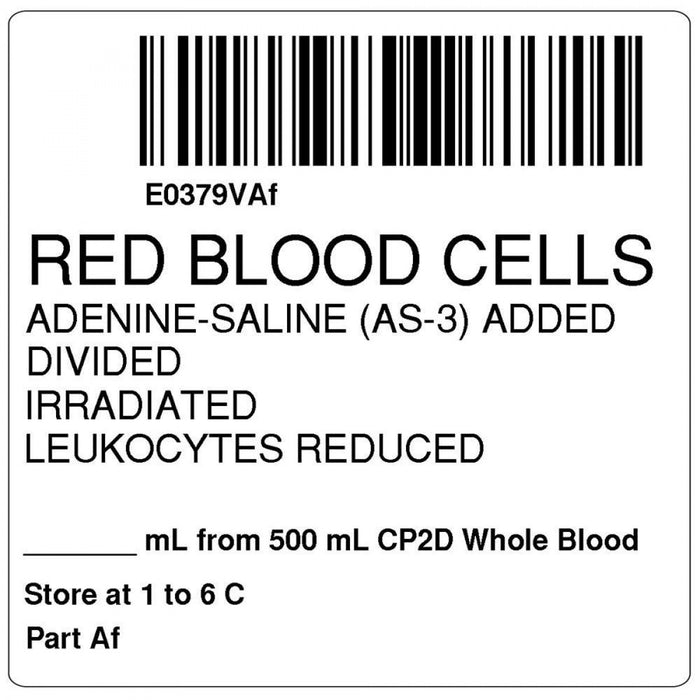 Label, Isbt 128, Synthetic, Permanent, "Red Blood Cells Adenine", 2 X 2, White, 500 Per Roll