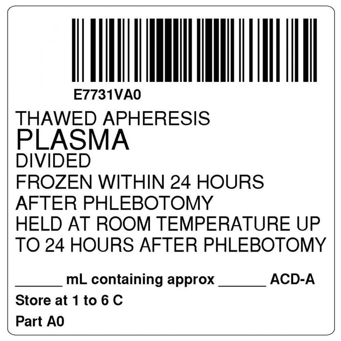 Label, Isbt 128, Synthetic, Permanent, "Thawed Apheresis Plasma", 2 X 2, White, 500 Per Roll