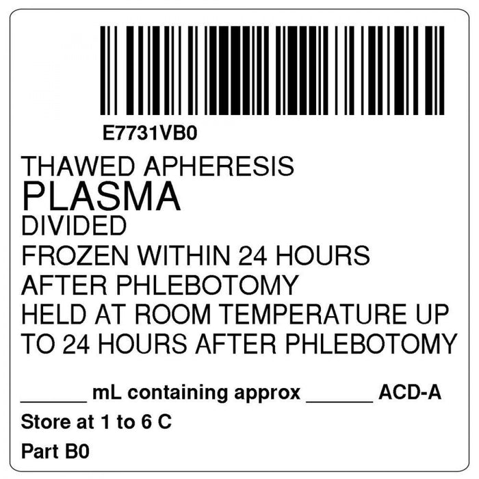 Label, Isbt 128, Synthetic, Permanent, "Thawed Apheresis Plasma", 2 X 2, White, 500 Per Roll