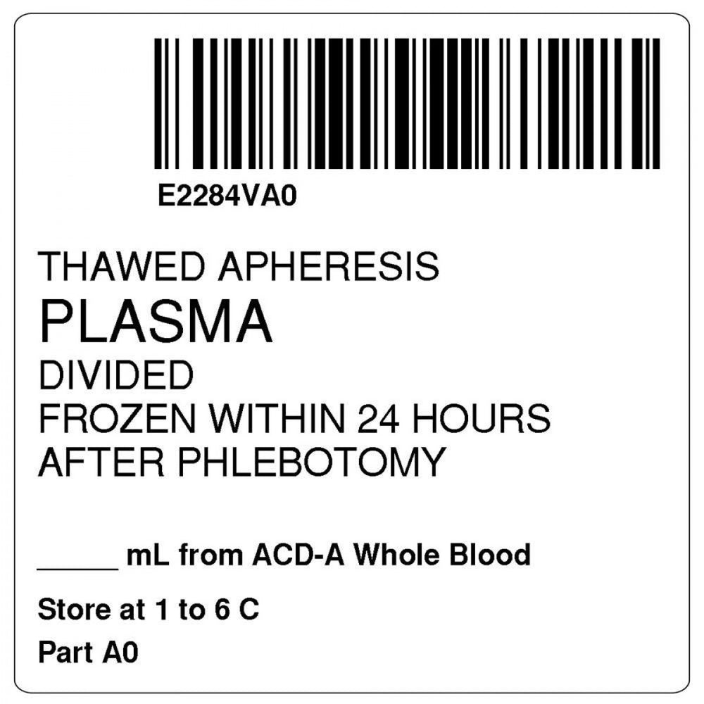 Label, Isbt 128, Synthetic, Permanent, "Thawed Apheresis Plasma", 2 X 2, White, 500 Per Roll