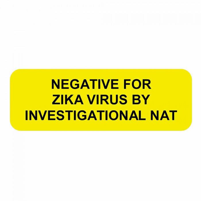 Dimensions: 1 1/2" X 1/2" Color: Yellow Imprint: "Negative For Zika Virus By Investigational Nat" Adhesive Type: Permanent Quantity: 1000/Roll