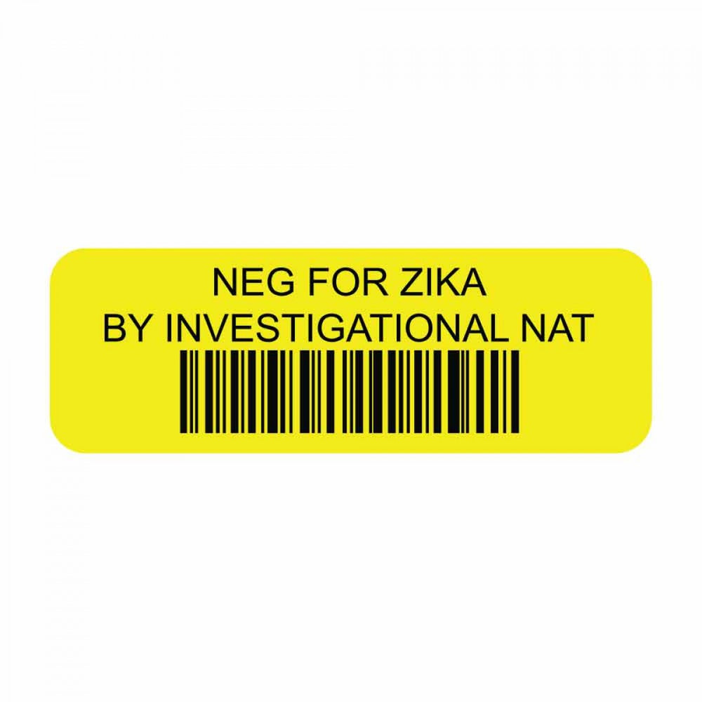 Dimensions: 1 1/2" X 1/2" Color: Yellow Imprint: "Neg For Zika By Investigational Nat" Adhesive Type: Permanent Quantity: 1000/Roll