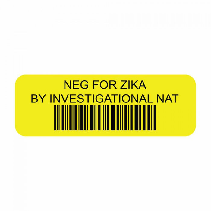 Dimensions: 1 1/2" X 1/2" Color: Yellow Imprint: "Neg For Zika By Investigational Nat" Adhesive Type: Permanent Quantity: 1000/Roll