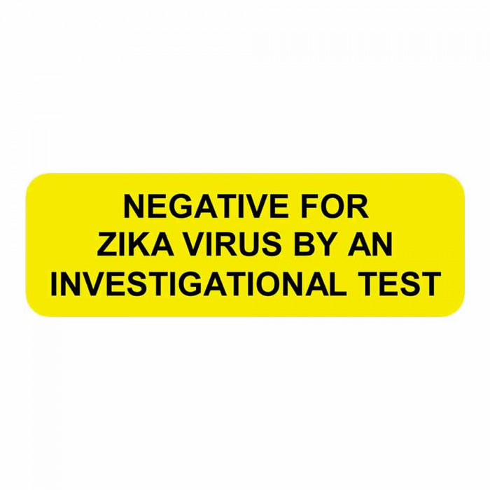 Dimensions: 1 1/2" X 1/2" Color: Yellow Imprint: "Negative For Zika Virus By An Investigational Test" Adhesive Type: Permanent Quantity: 1000/Roll