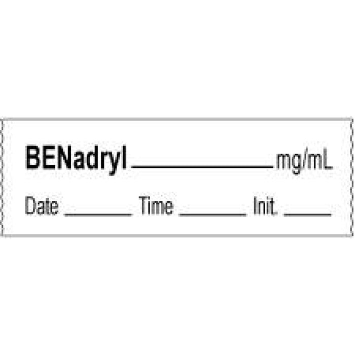 Anesthesia Tape With Date, Time, And Initial | Tall-Man Lettering Removable Benadryl Mg/Ml 1" Core 1/2" X 500" Imprints White 333 500 Inches Per Roll