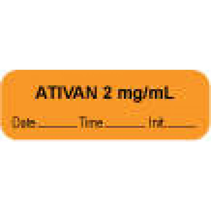 Anesthesia Label With Date, Time, And Initial Paper Permanent "Ativan 2 Mg/Ml" Core 1 1/2" X 1/2" Orange 1000 Per Roll