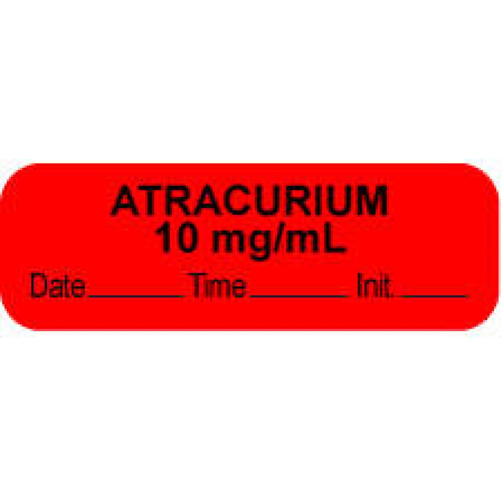 Anesthesia Label With Date, Time, And Initial Paper Permanent "Atracurium 10 Mg/Ml" Core 1 1/2" X 1/2" Fl. Red 1000 Per Roll