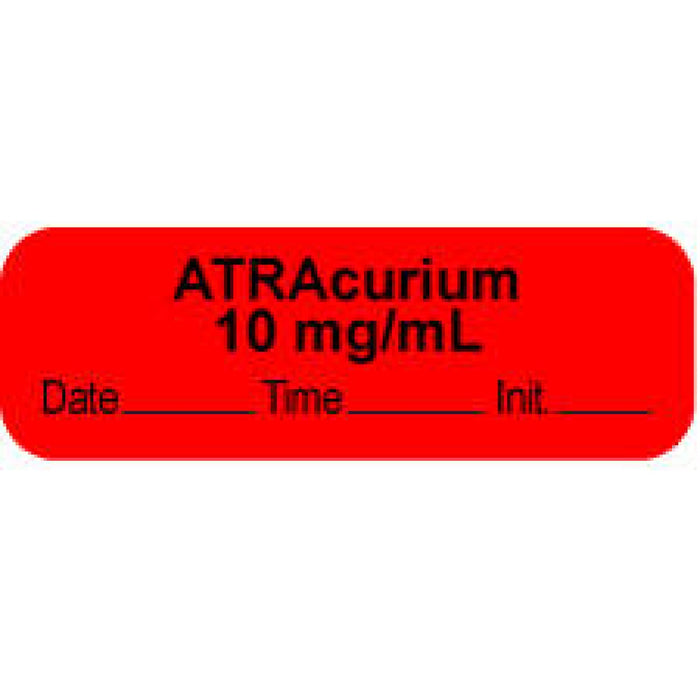 Anesthesia Label With Date, Time, And Initial | Tall-Man Lettering Paper Permanent "Atracurium 10 Mg/Ml" Core 1 1/2" X 1/2" Fl. Red 1000 Per Roll