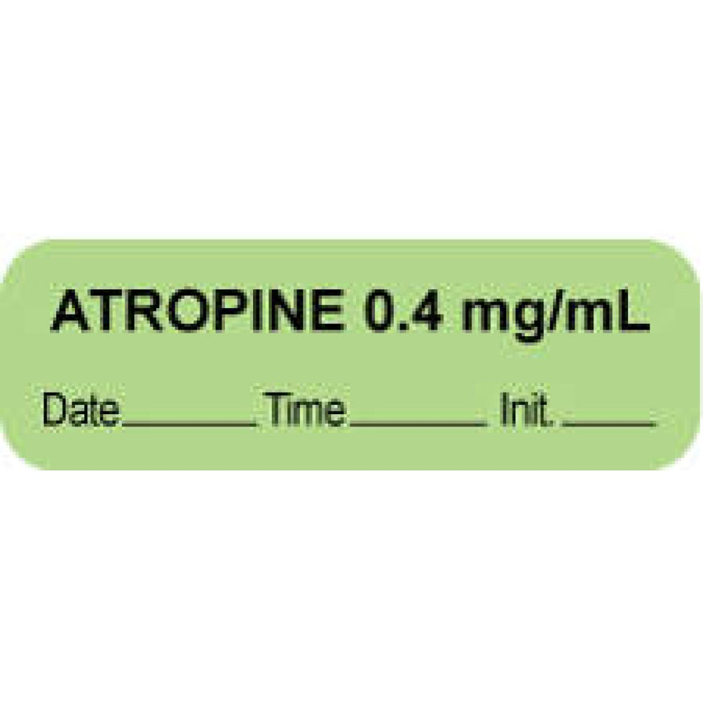 Anesthesia Label With Date, Time, And Initial Paper Permanent "Atropine 0.4 Mg/Ml" Core 1 1/2" X 1/2" Green 1000 Per Roll