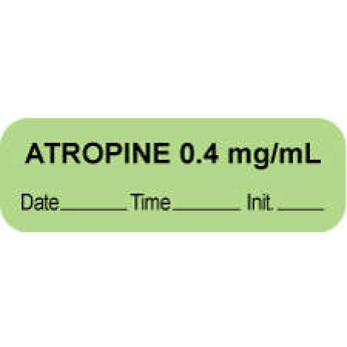 Anesthesia Label With Date, Time, And Initial Paper Permanent "Atropine 0.4 Mg/Ml" Core 1 1/2" X 1/2" Green 1000 Per Roll