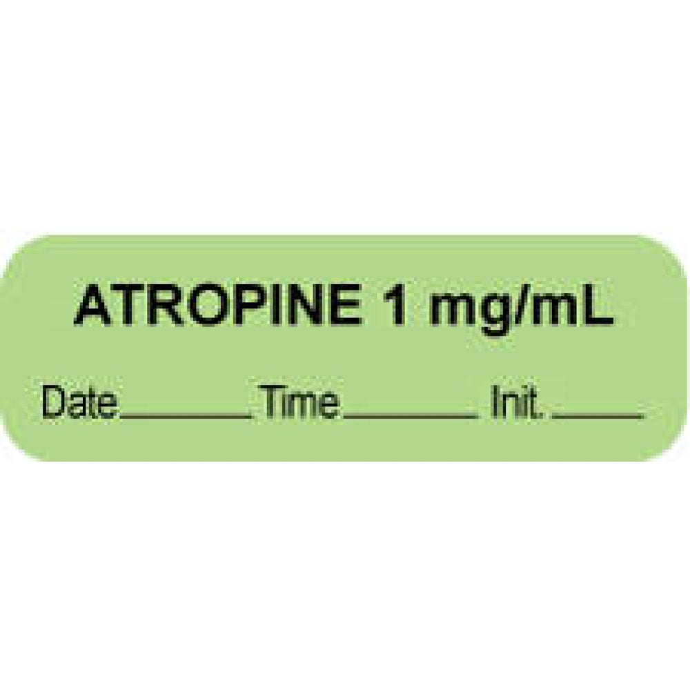 Anesthesia Label With Date, Time, And Initial Paper Permanent "Atropine 1 Mg/Ml" Core 1 1/2" X 1/2" Green 1000 Per Roll