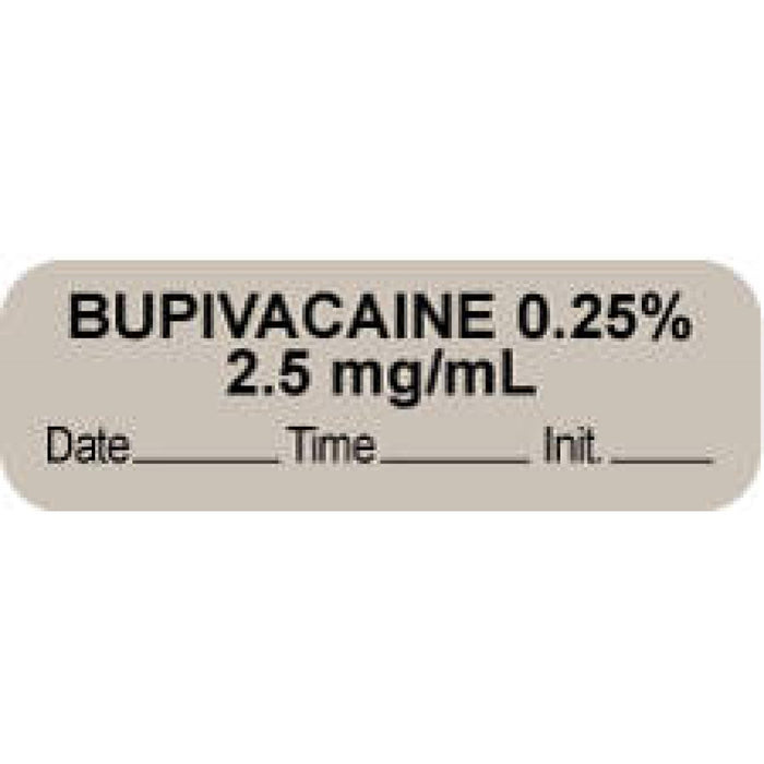 Anesthesia Label With Date, Time, And Initial Paper Permanent "Bupivacaine 0.25% 2.5 Mg/Ml Core 1 1/2" X 1/2" Gray 1000 Per Roll