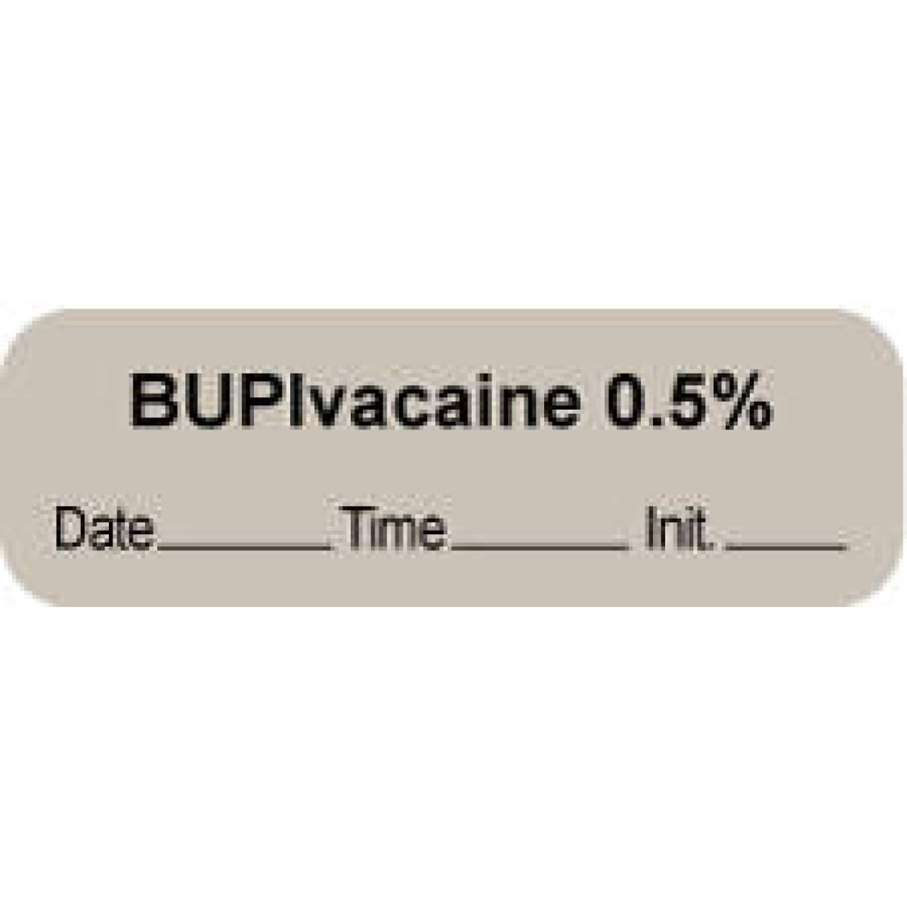 Anesthesia Label With Date, Time, And Initial | Tall-Man Lettering Paper Permanent "Bupivacaine 0.5%" Core 1 1/2" X 1/2" Gray 1000 Per Roll