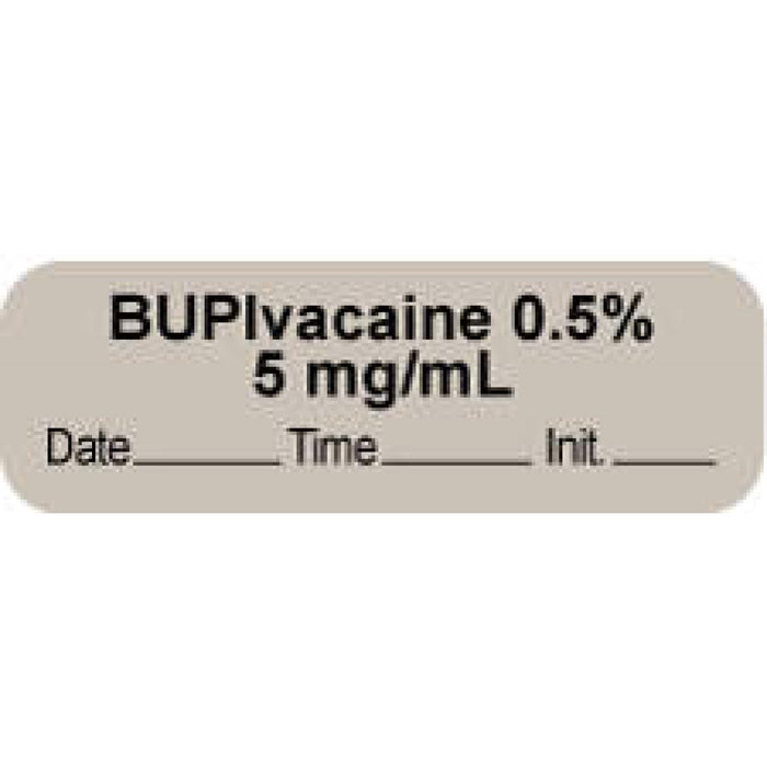 Anesthesia Label With Date, Time, And Initial | Tall-Man Lettering Paper Permanent "Bupivacaine 0.5% 5" Core 1 1/2" X 1/2" Gray 1000 Per Roll