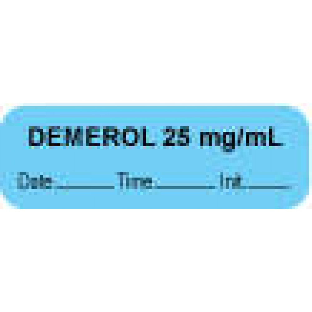 Anesthesia Label With Date, Time, And Initial Paper Permanent "Demerol 25 Mg/Ml" Core 1 1/2" X 1/2" Blue 1000 Per Roll