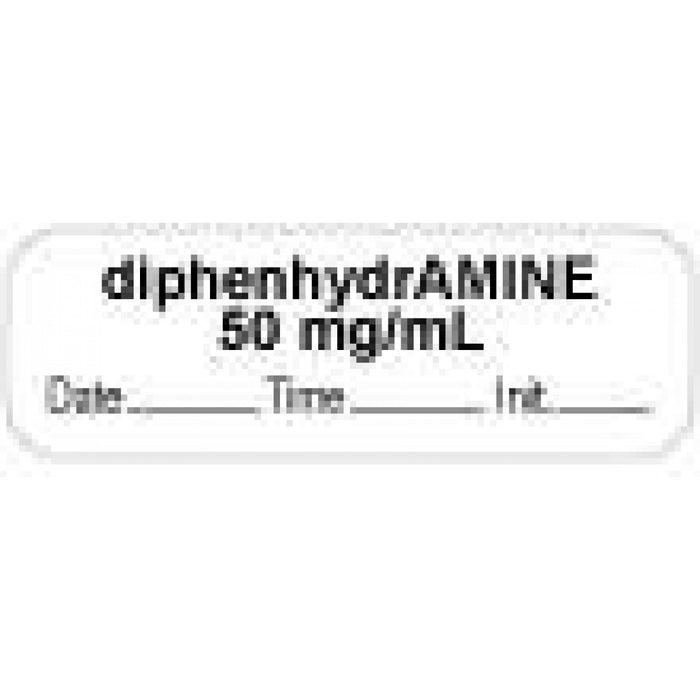 Anesthesia Label With Date, Time, And Initial | Tall-Man Lettering Paper Permanent "Diphenhydramine 50" Core 1 1/2" X 1/2" White 1000 Per Roll