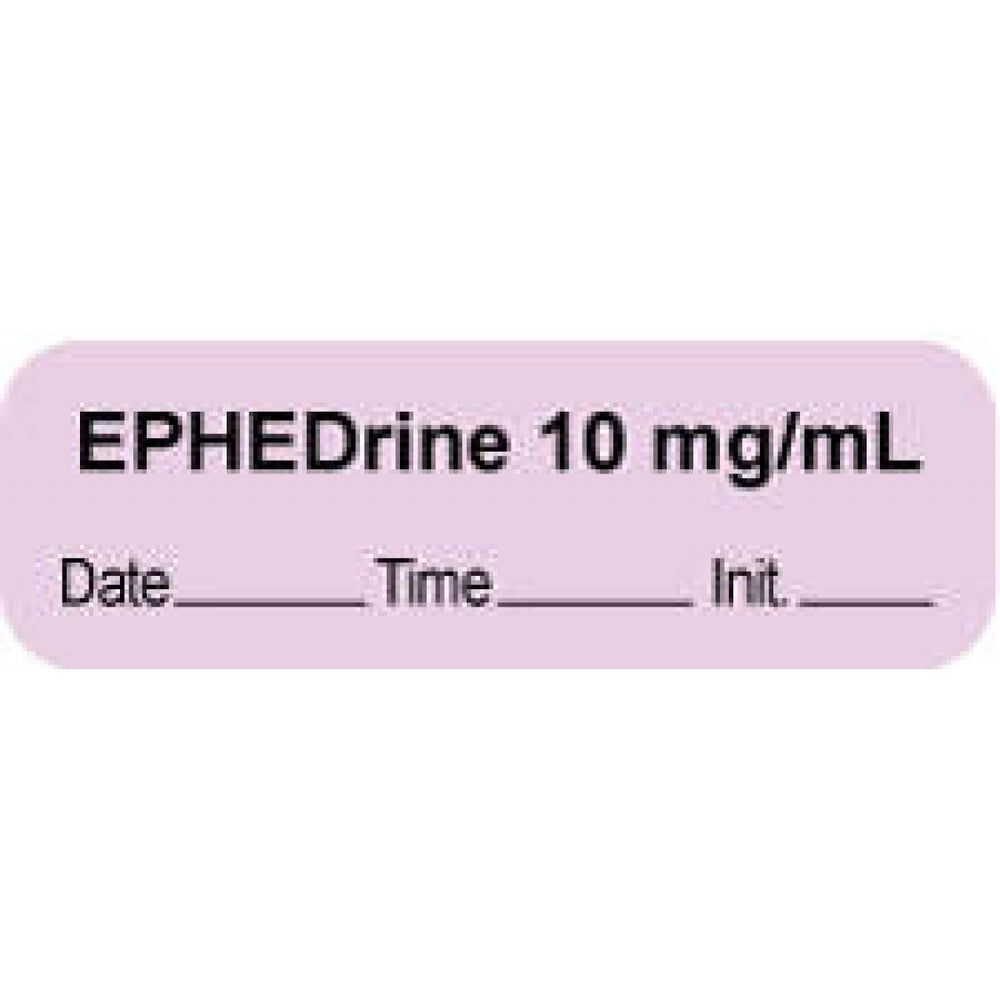 Anesthesia Label With Date, Time, And Initial | Tall-Man Lettering Paper Permanent "Ephedrine 10 Mg/Ml" Core 1 1/2" X 1/2" Violet 1000 Per Roll