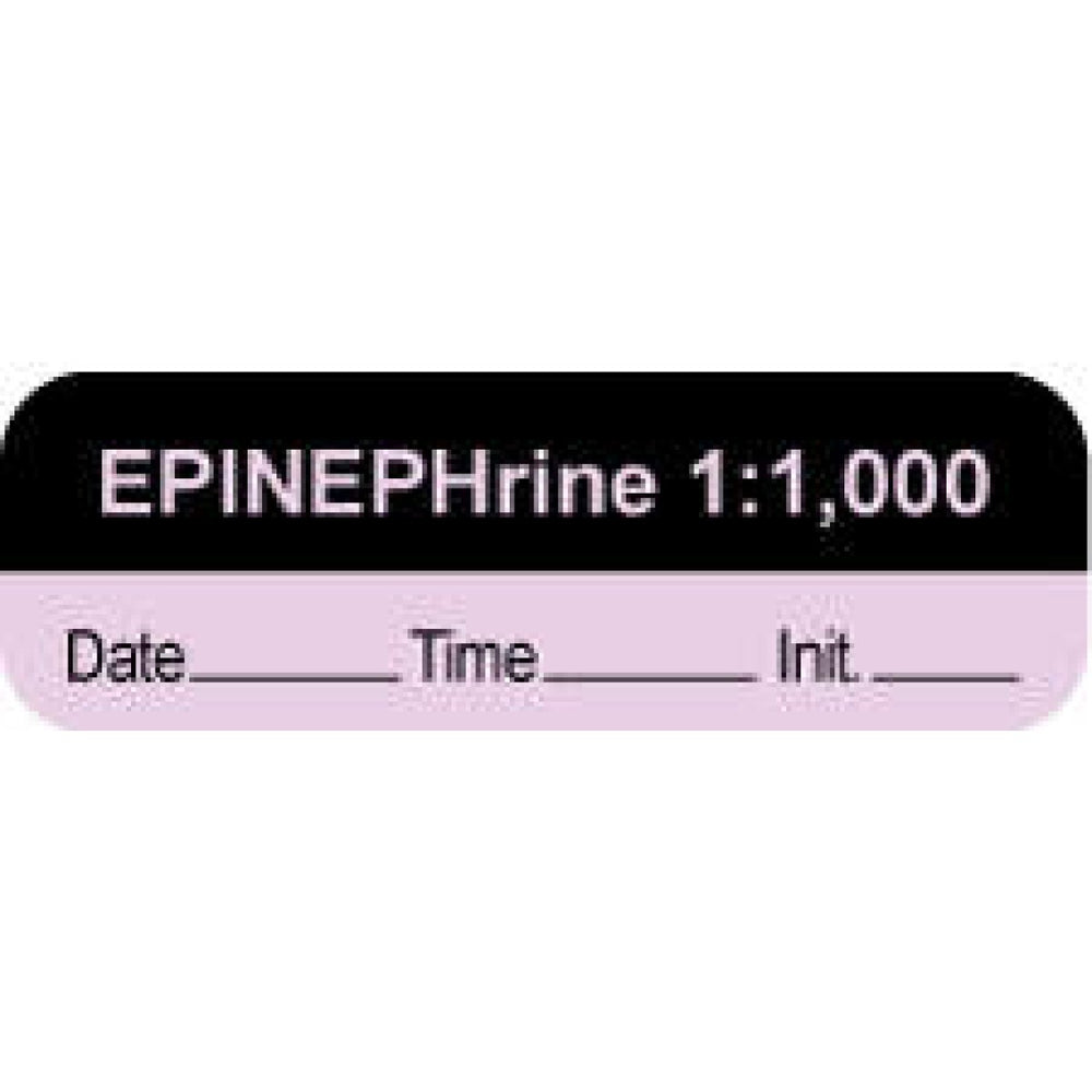 Anesthesia Label With Date, Time, And Initial | Tall-Man Lettering Paper Permanent "Epinephrine 1:1,000" 1 Core 1 1/2" X 1/2" Violet And Black 1000 Per Roll