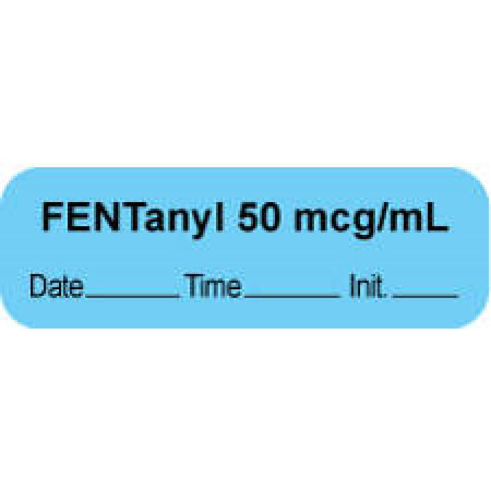 Anesthesia Label With Date, Time, And Initial | Tall-Man Lettering Paper Permanent "Fentanyl 50 Mcg/Ml" Core 1 1/2" X 1/2" Blue 1000 Per Roll