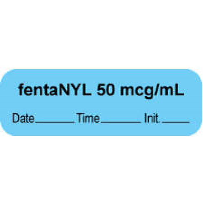 Anesthesia Label With Date, Time, And Initial | Tall-Man Lettering Paper Permanent "Fentanyl 50 Mcg/Ml" Core 1 1/2" X 1/2" Blue 1000 Per Roll