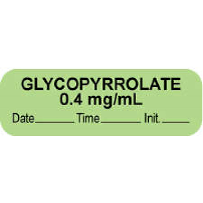 Anesthesia Label With Date, Time, And Initial Paper Permanent "Glycopyrrolate 0.4" Core 1 1/2" X 1/2" Green 1000 Per Roll