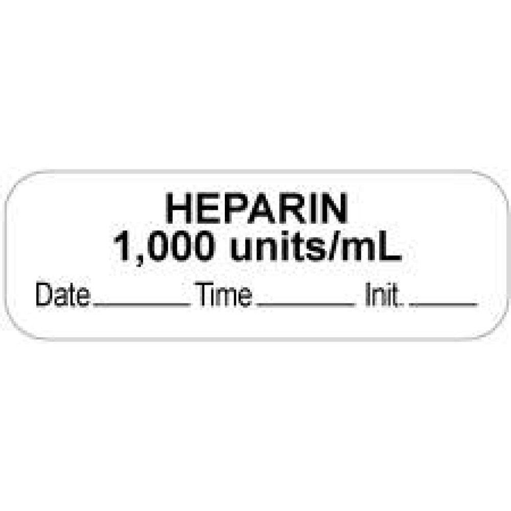 Anesthesia Label With Date, Time, And Initial Paper Permanent "Heparin 1000 Units" Core 1 1/2" X 1/2" White 1000 Per Roll