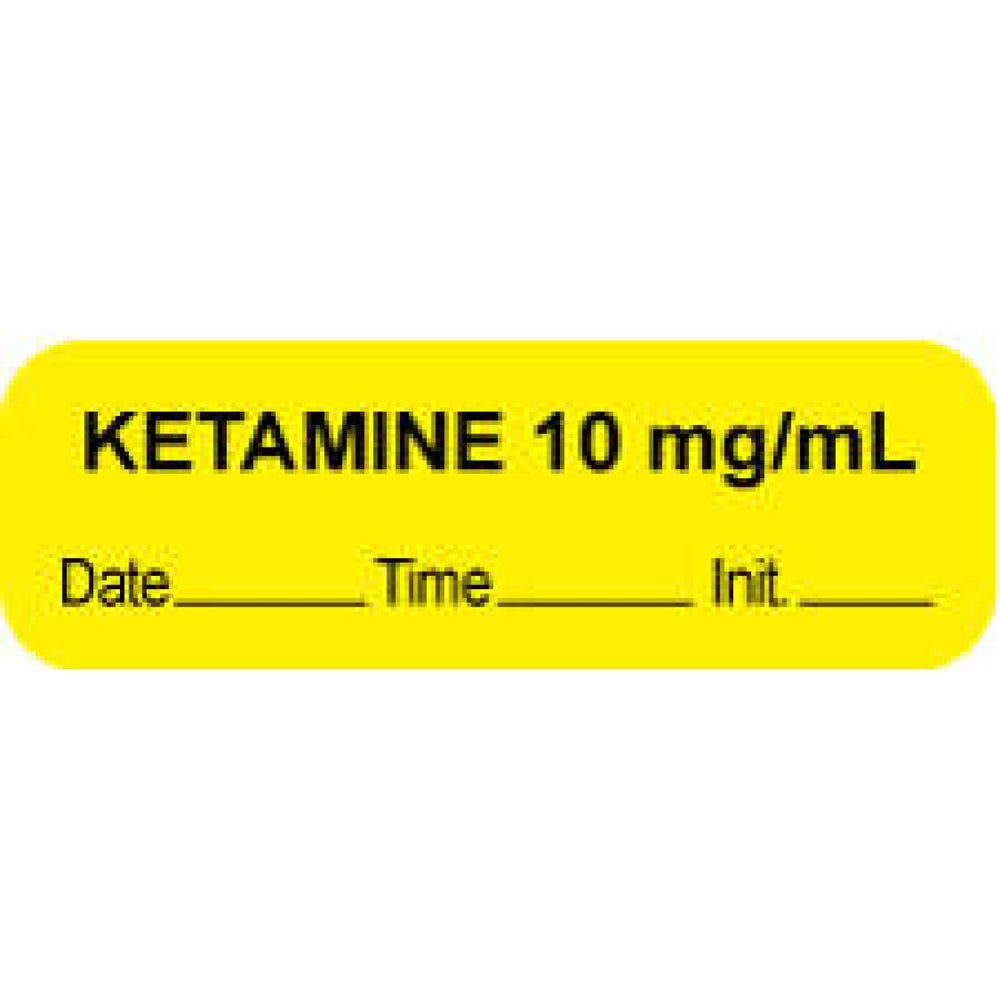 Anesthesia Label With Date, Time, And Initial Paper Permanent "Ketamine 10 Mg/Ml" Core 1 1/2" X 1/2" Yellow 1000 Per Roll