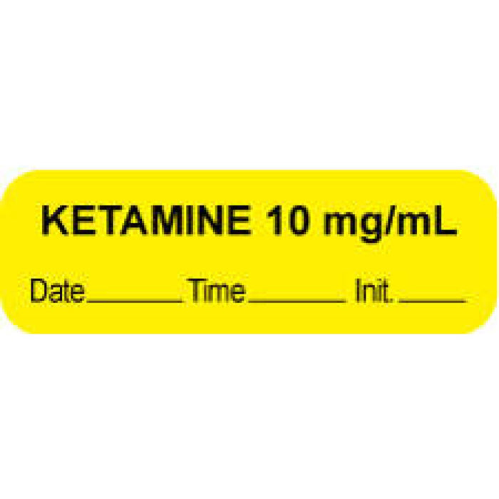 Anesthesia Label With Date, Time, And Initial Paper Permanent "Ketamine 10 Mg/Ml" Core 1 1/2" X 1/2" Yellow 1000 Per Roll