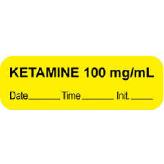 Anesthesia Label With Date, Time, And Initial Paper Permanent "Ketamine 100 Mg/Ml" Core 1 1/2" X 1/2" Yellow 1000 Per Roll