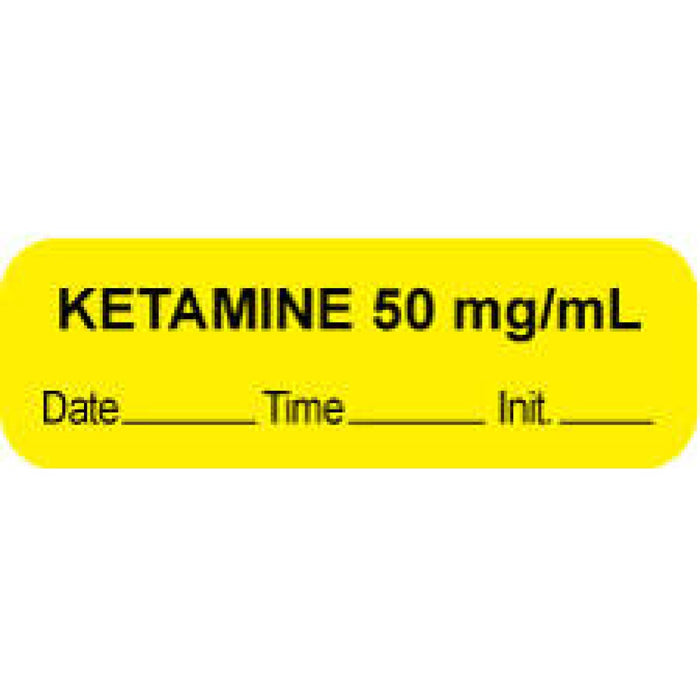 Anesthesia Label With Date, Time, And Initial Paper Permanent "Ketamine 50 Mg/Ml" Core 1 1/2" X 1/2" Yellow 1000 Per Roll