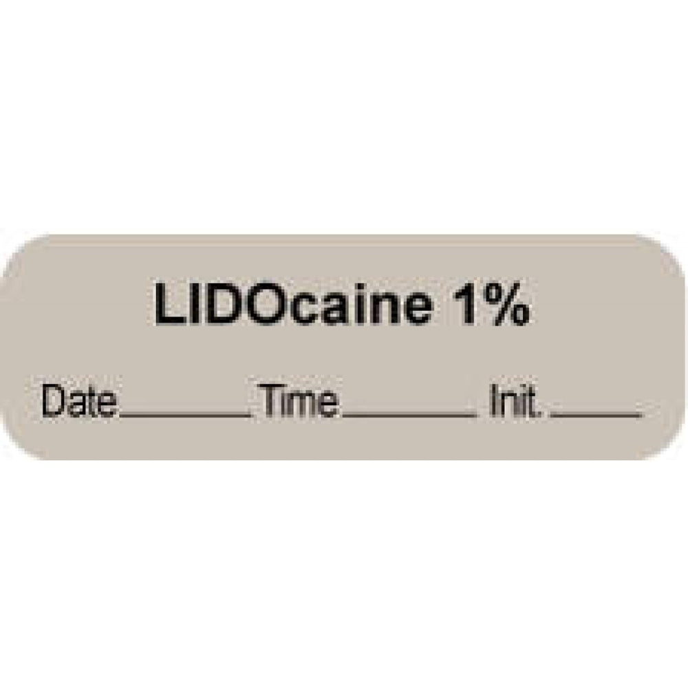 Anesthesia Label With Date, Time, And Initial | Tall-Man Lettering Paper Permanent "Lidocaine 1%" Core 1.5" X 0.5" Gray 1000 Per Roll