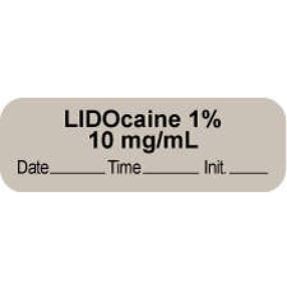 Anesthesia Label With Date, Time, And Initial | Tall-Man Lettering Paper Permanent "Lidocaine 1% 10 Mg/Ml" Core 1.5" X 0.5" Gray 1000 Per Roll