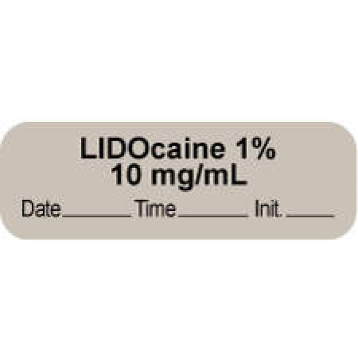 Anesthesia Label With Date, Time, And Initial | Tall-Man Lettering Paper Permanent "Lidocaine 1% 10 Mg/Ml" Core 1.5" X 0.5" Gray 1000 Per Roll