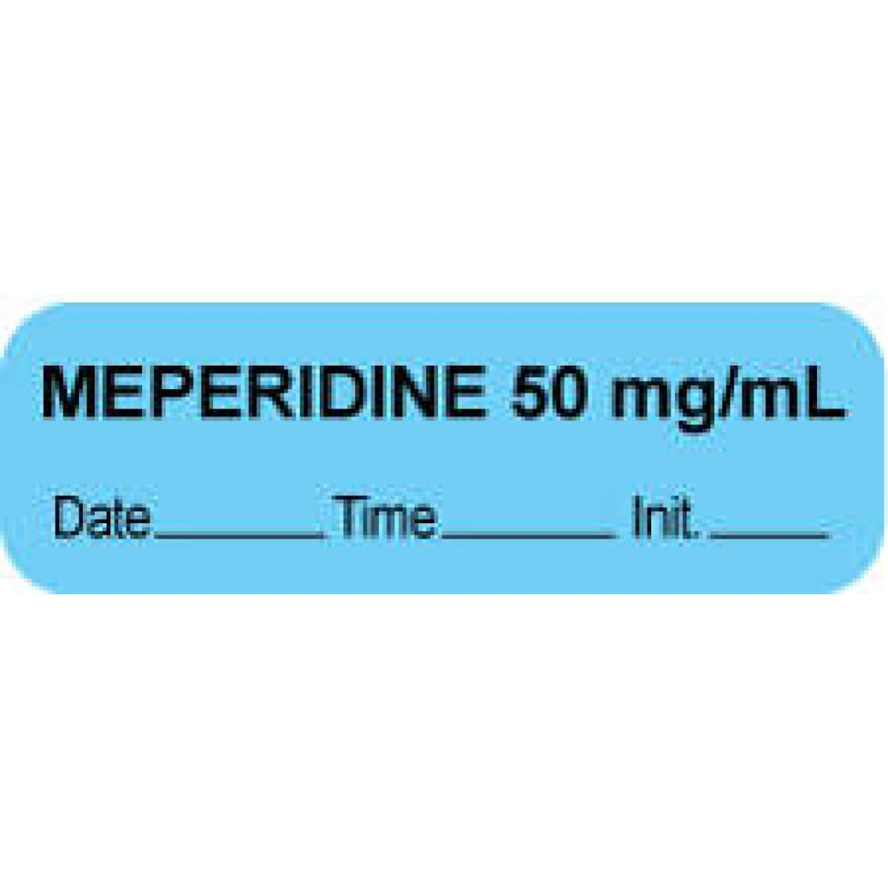 Anesthesia Label With Date, Time, And Initial Paper Permanent "Meperidine 50 Mg/Ml" Core 1.5" X 0.5" Blue 1000 Per Roll