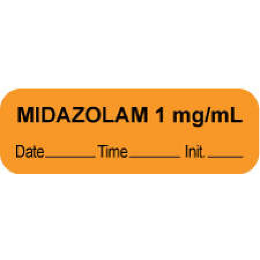 Anesthesia Label With Date, Time, And Initial Paper Permanent "Midazolam 1 Mg/Ml" Core 1.5" X 0.5" Orange 1000 Per Roll