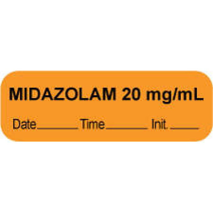 Anesthesia Label With Date, Time, And Initial Paper Permanent "Midazolam 20 Mg/Ml" Core 1.5" X 0.5" Orange 1000 Per Roll