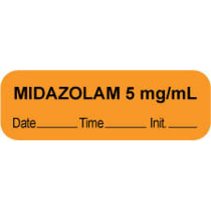 Anesthesia Label With Date, Time, And Initial Paper Permanent "Midazolam 5 Mg/Ml" Core 1.5" X 0.5" Orange 1000 Per Roll