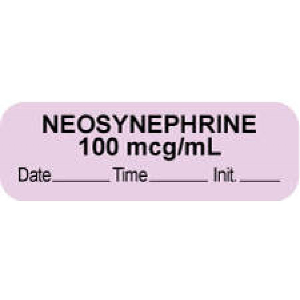 Anesthesia Label With Date, Time, And Initial Paper Permanent "Neosynephrine 100 Mcg" Core 1.5" X 0.5" Violet 1000 Per Roll