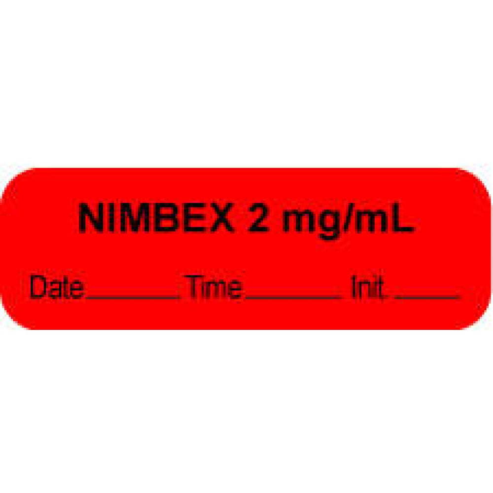 Anesthesia Label With Date, Time, And Initial Paper Permanent "Nimbex 2 Mg/Ml" Core 1.5" X 0.5" Fl. Red 1000 Per Roll