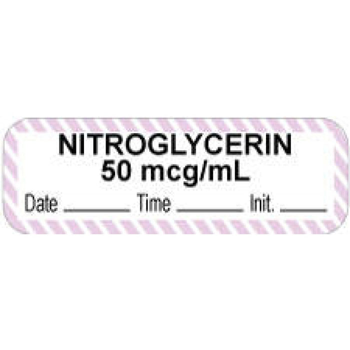 Anesthesia Label With Date, Time, And Initial Paper Permanent "Nitroglycerin 50 Mcg/Ml" Core 1.5" X 0.5" White With Violet 1000 Per Roll