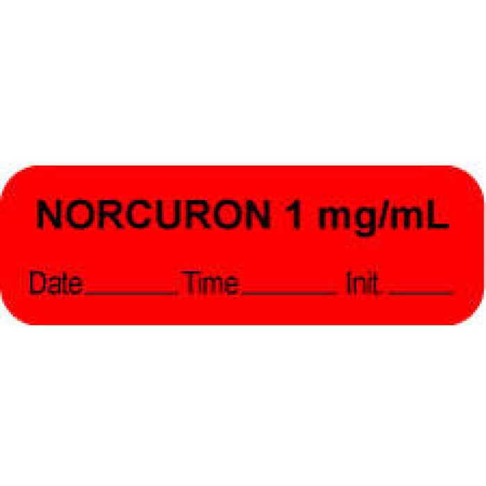 Anesthesia Label With Date, Time, And Initial Paper Permanent "Norcuron 1 Mg/Ml" Core 1.5" X 0.5" Fl. Red 1000 Per Roll